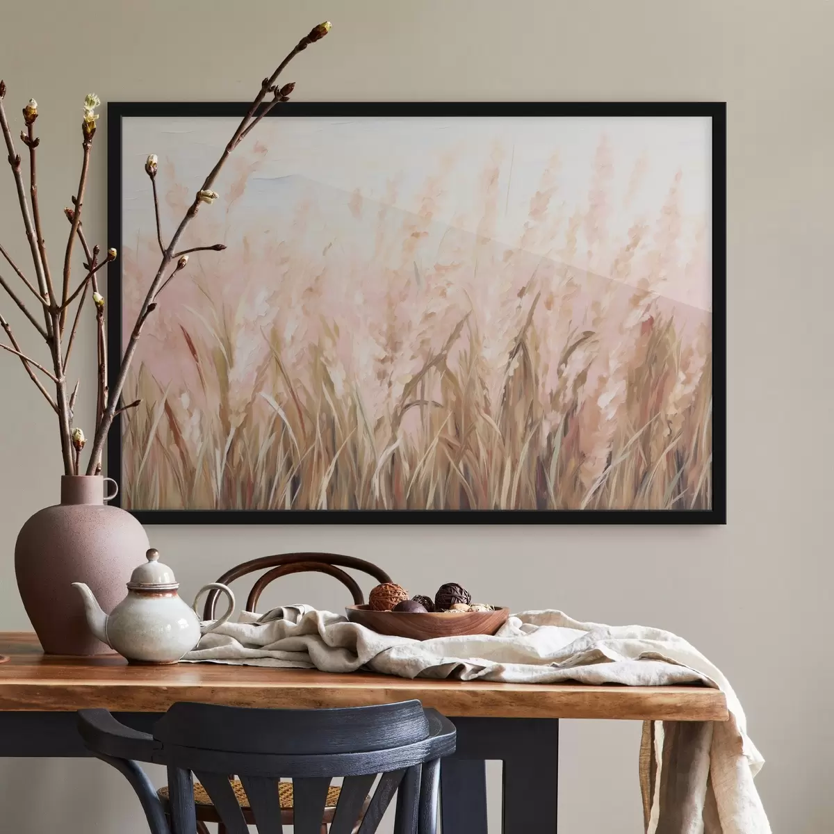 Poster Pampasgrasveld met roze en bruine tinten, zachte penseelstreken, abstract olieverfschilderij kunstimitatie f43403