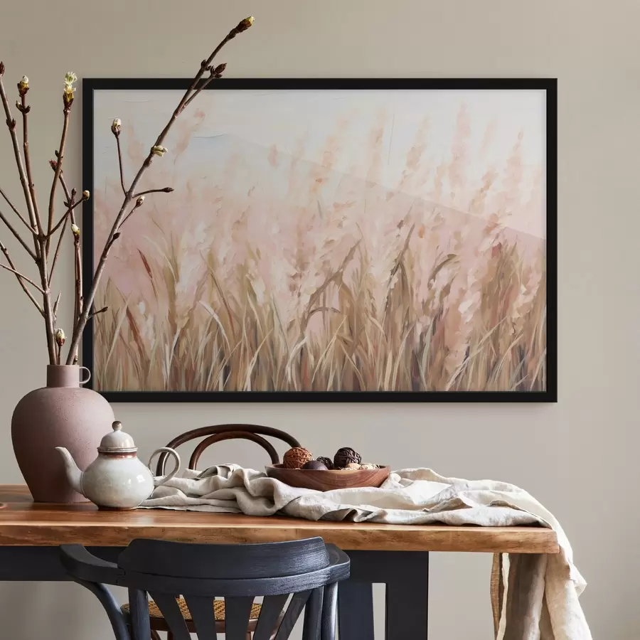 Fotobehang Pampasgrasveld met roze en bruine tinten, zachte penseelstreken, abstract olieverfschilderij kunstimitatie f43403