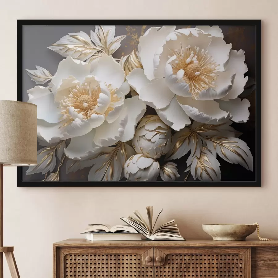  Schilderijen Witte en gele pioenrozen met bladeren, ingewikkelde details, decoratieve kunst, donkere achtergrond f43399