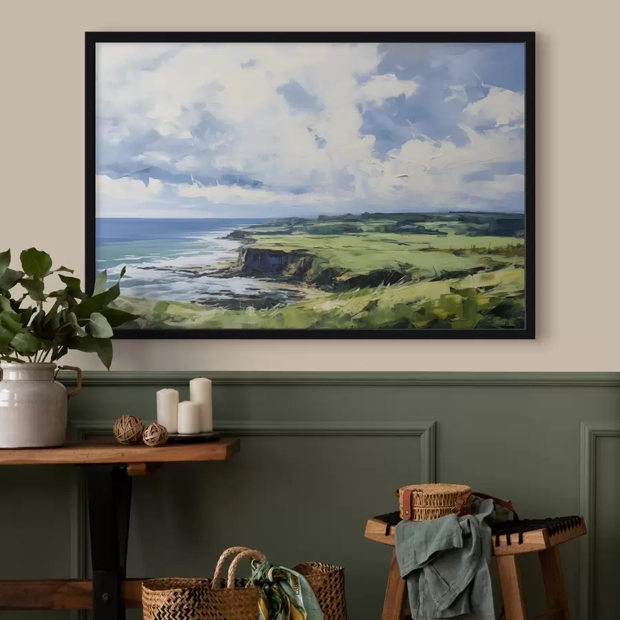 Papier peint photo Champ vert avec une falaise sur la côte, mer bleue avec des vagues, ciel nuageux, peinture à l'huile minimaliste moderne imitation f43406