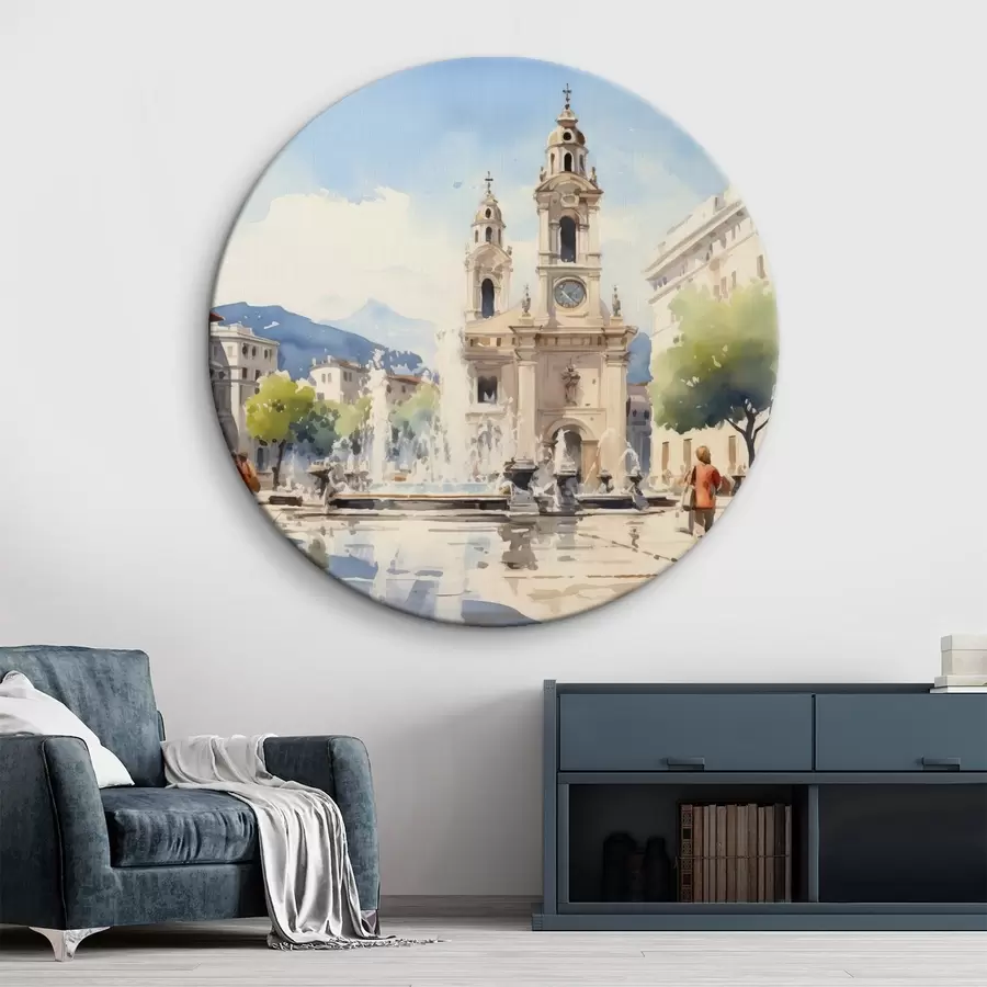  Schilderijen Abstract stadsgezicht met toren en een fontein op een stadsplein, bergen in de verte, aquarelstijl r43397