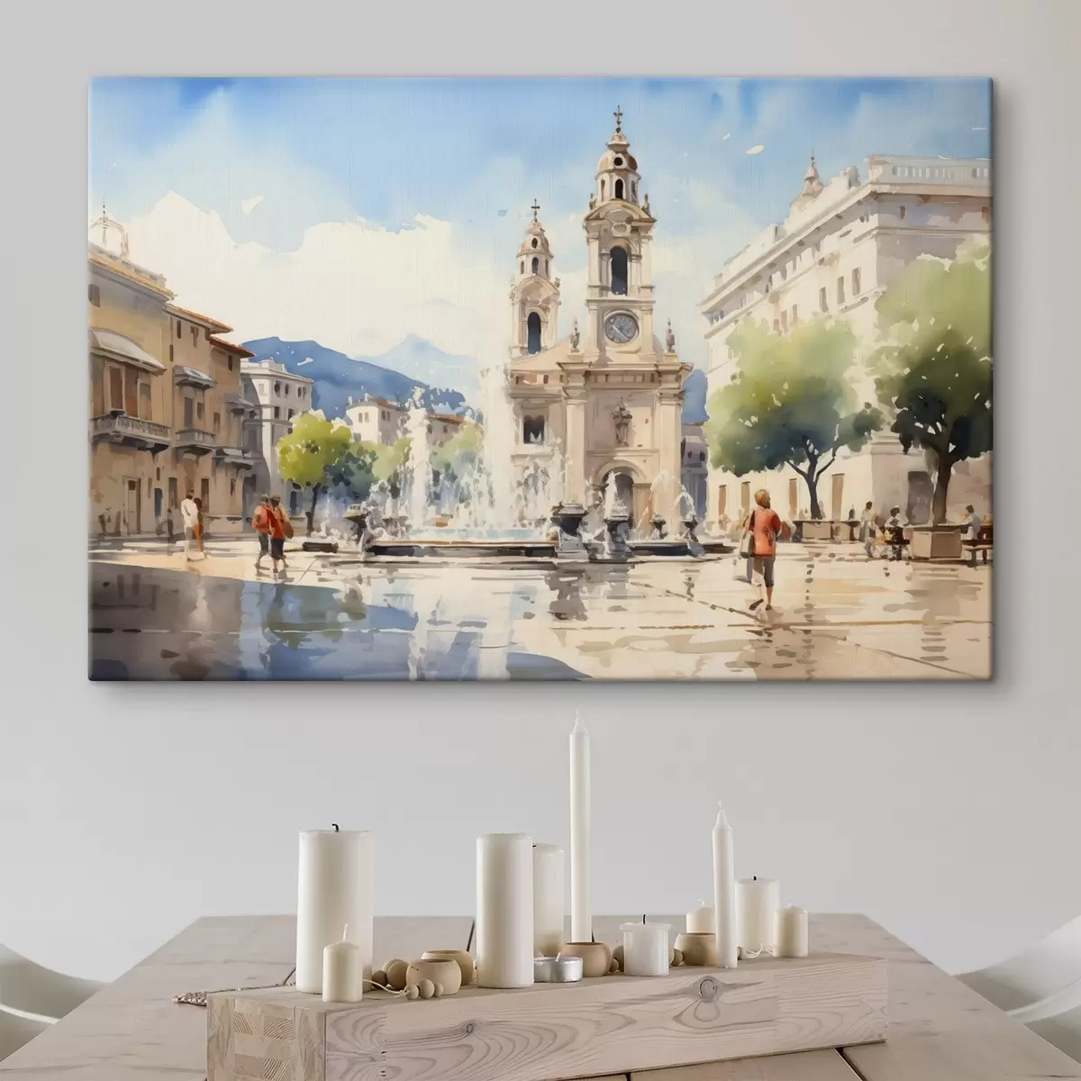  Peintures Paysage urbain abstrait avec une tour et une fontaine sur une place de la ville, montagnes au loin, style aquarelle s43397