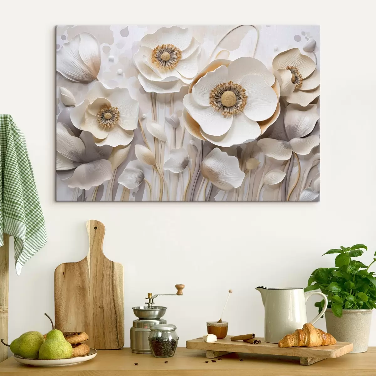  Schilderijen Witte anemoonbloemen met gele harten, met minimalistische achtergrond, waardoor een delicaat bloemenontwerp ontstaat s43400