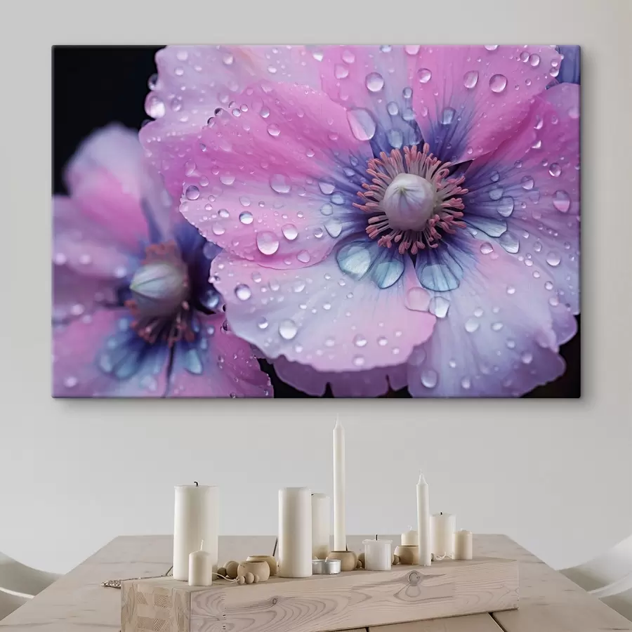  Peintures Fleurs roses et violettes en pleine floraison couvertes de gouttelettes d'eau, sur fond sombre s43394
