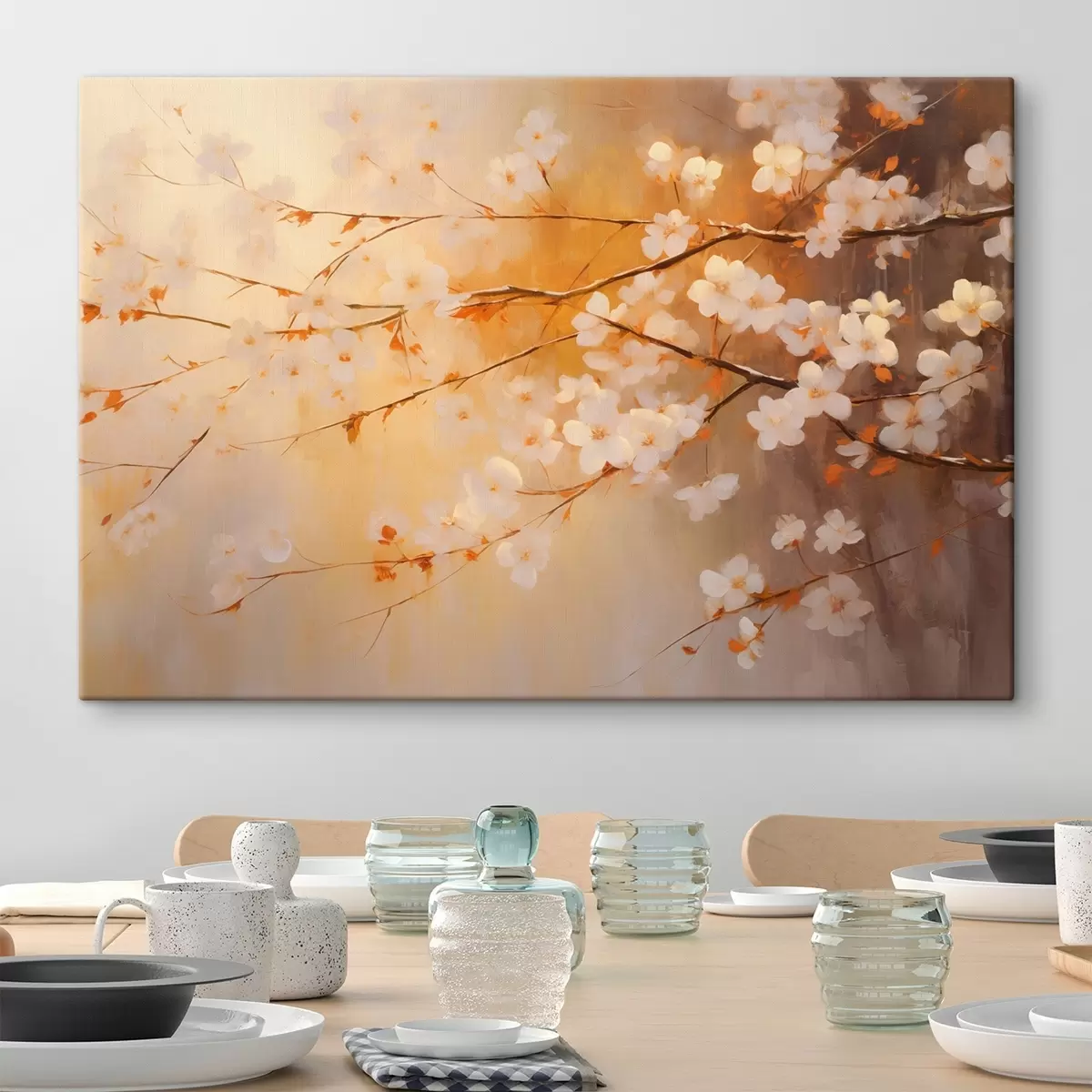  Schilderijen Kersenbloesemtakken met oranje bloemen, warm kleurenpalet, tegen een vage achtergrond van gele tinten s43407