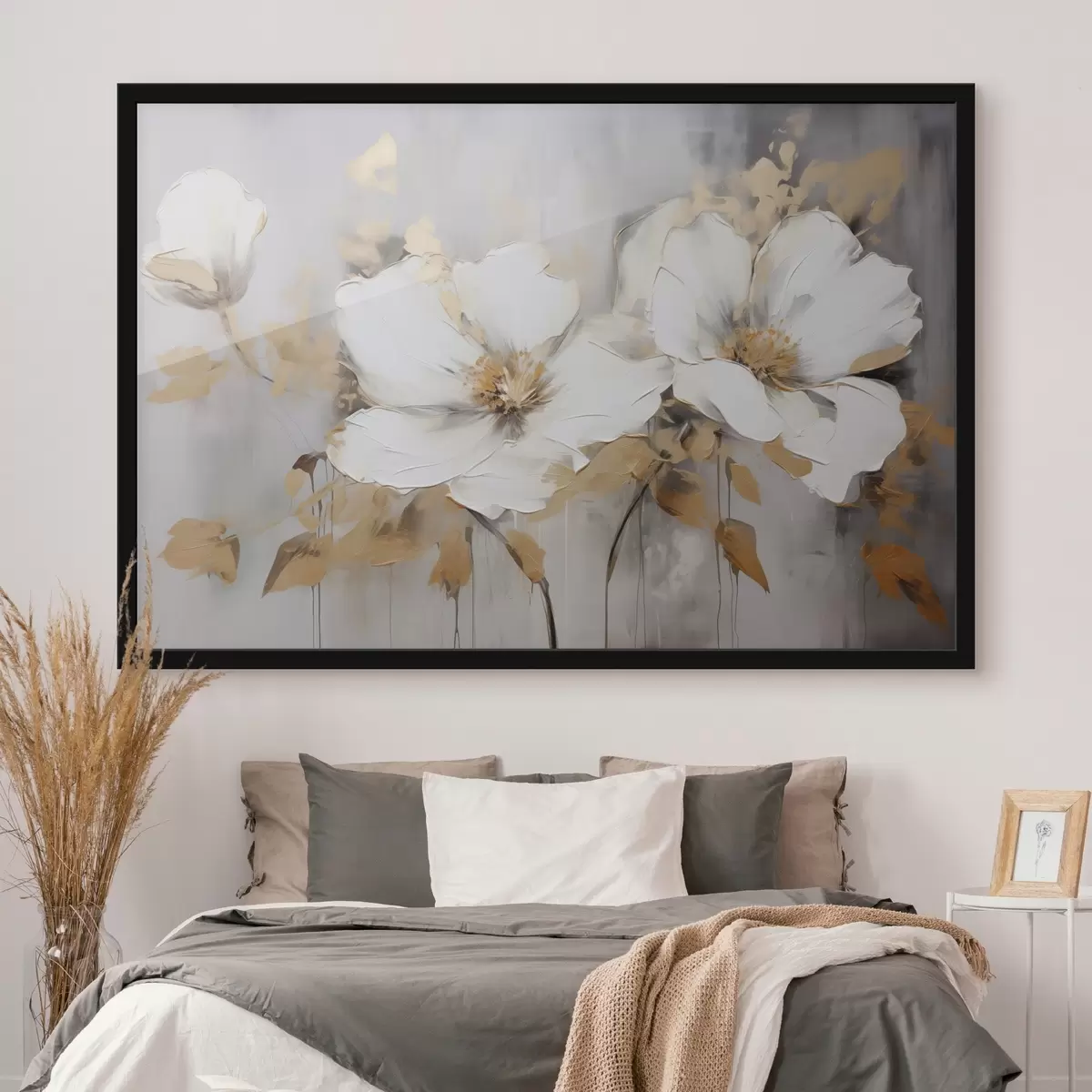 Affiche Fleurs blanches avec feuilles jaunes sur fond blanc, imitation de coups de pinceau épais, style moderne texturé f43389