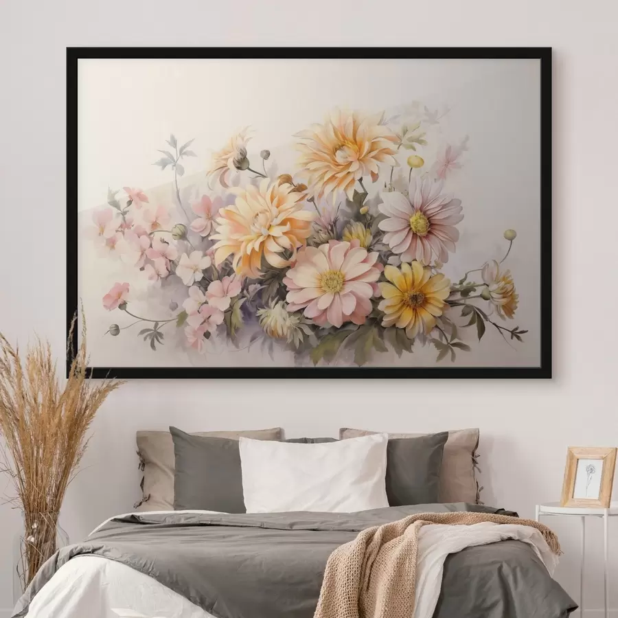 Fotobehang Een verzameling roze, gele en oranje bloemen, lichte achtergrond, zachte kleuren, vintage stijl, botanische illustratie f43401