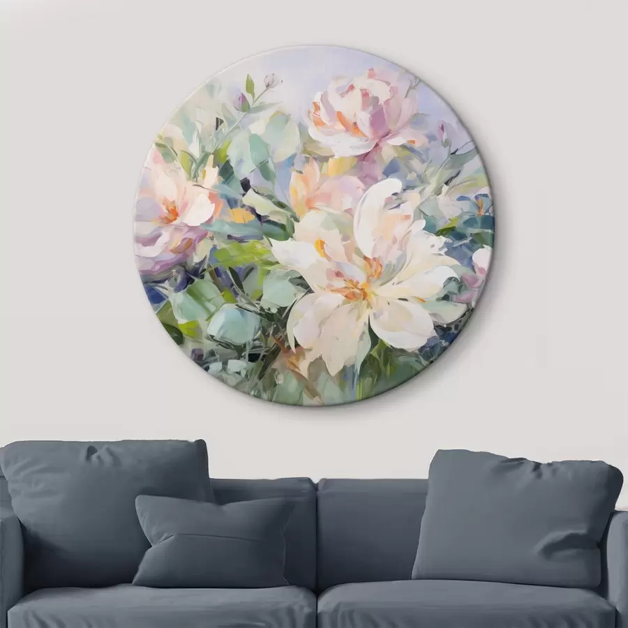  Peintures Arrangement floral composé de fleurs aux couleurs pastel et de feuilles bleues, imitation peinture à l'huile r43390