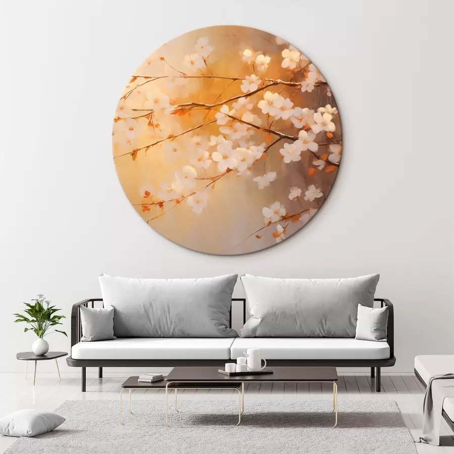  Schilderijen Kersenbloesemtakken met oranje bloemen, warm kleurenpalet, tegen een vage achtergrond van gele tinten r43407