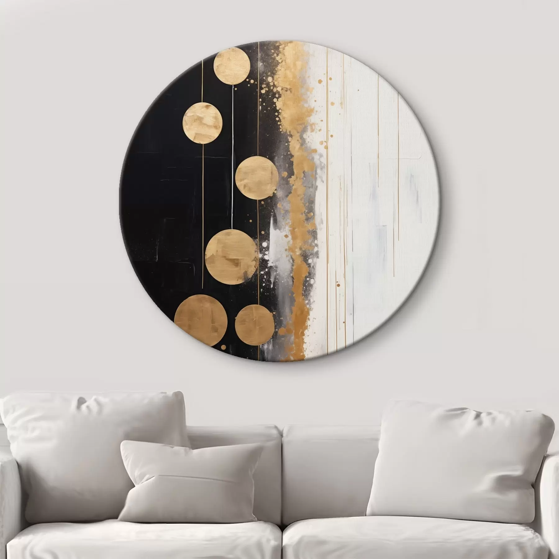  Schilderijen Abstracte kunst met gele cirkels op zwarte en witte achtergrond met witte en gele vlekken r43410