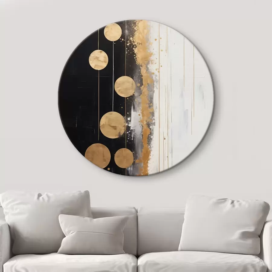  Schilderijen Abstracte kunst met gele cirkels op zwarte en witte achtergrond met witte en gele vlekken r43410