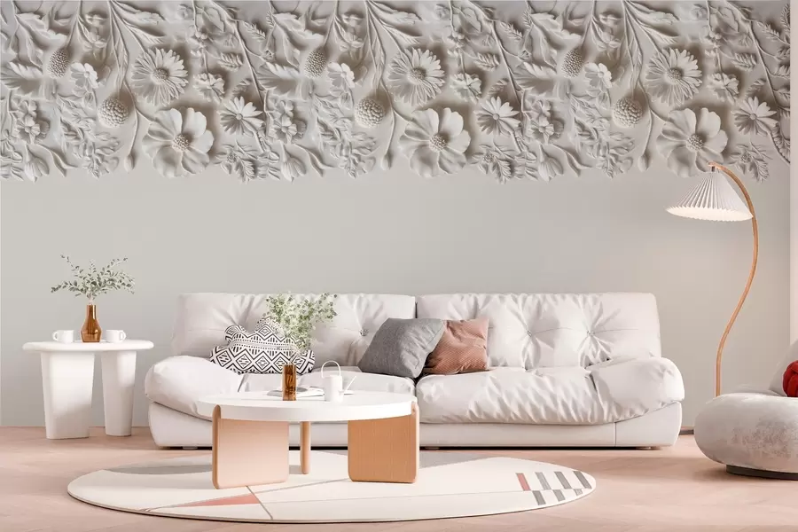 Fotobehang Imitatie van bas-reliëf bloemen bovenop in melkverf w03398v1