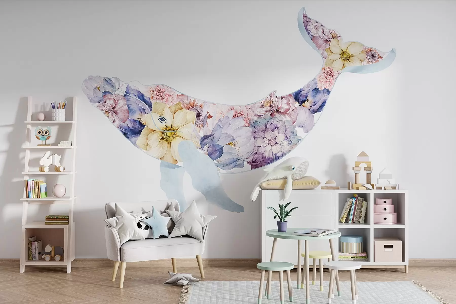 Fotobehang Mooie walvis met aquarelbloemen, zeedieren, kleurrijk w03445