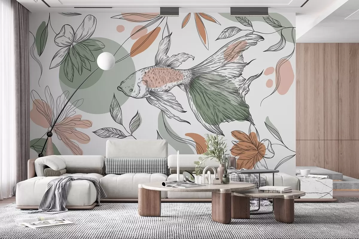 Fotobehang Lijntekening vis met bloemen, minimalisme, marine, bloemen, natuurlijke kleuren w03448