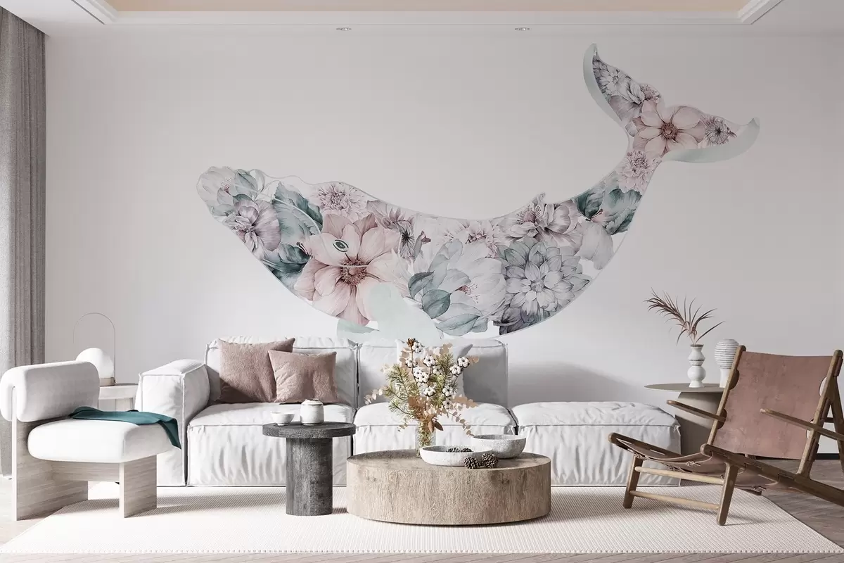 Fotobehang Prachtige walvis met aquarelbloemen, zeedieren w03445v1