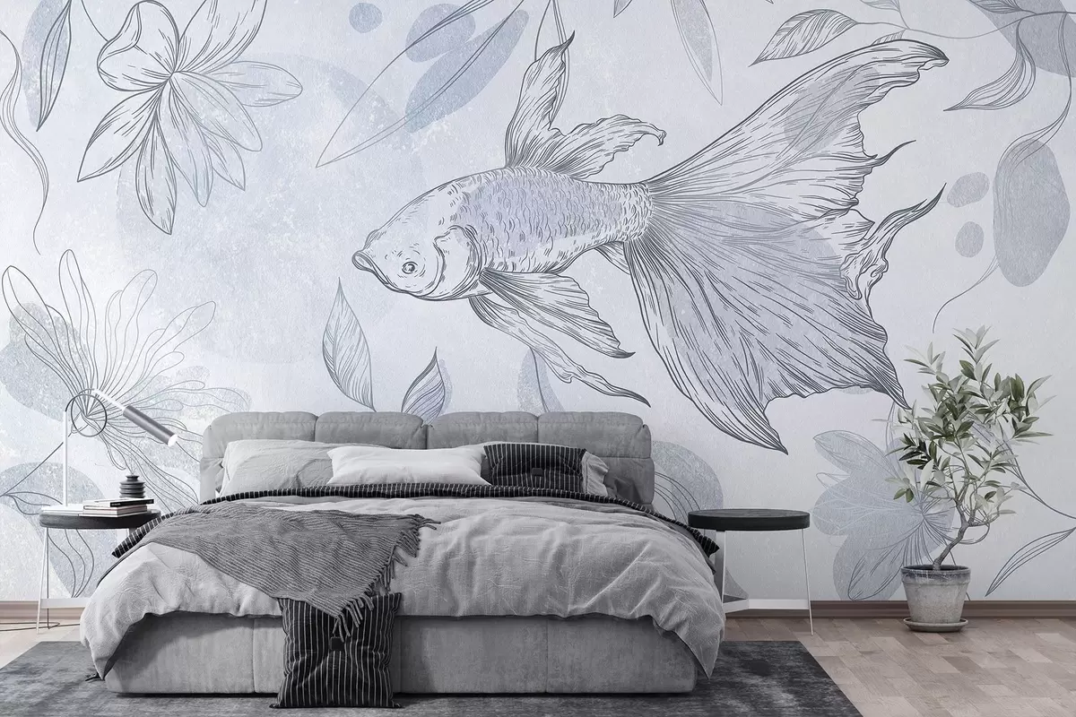 Papier peint photo Poisson avec éléments floraux, fond bleu, dessin au trait w03517v2