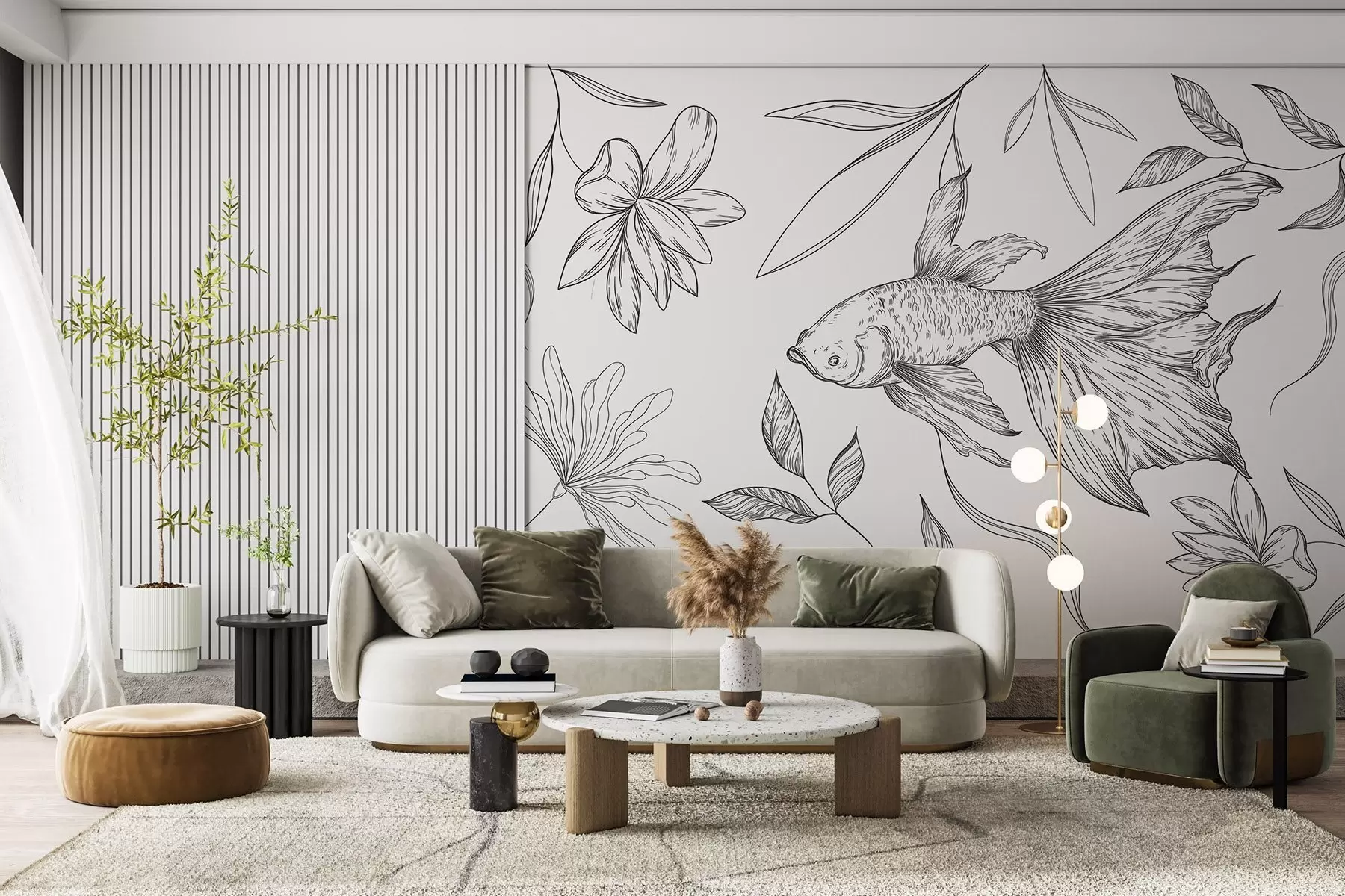 Fotobehang Lijntekening vis met bloemen, minimalisme, marien, bloemig, inktstijl w03516