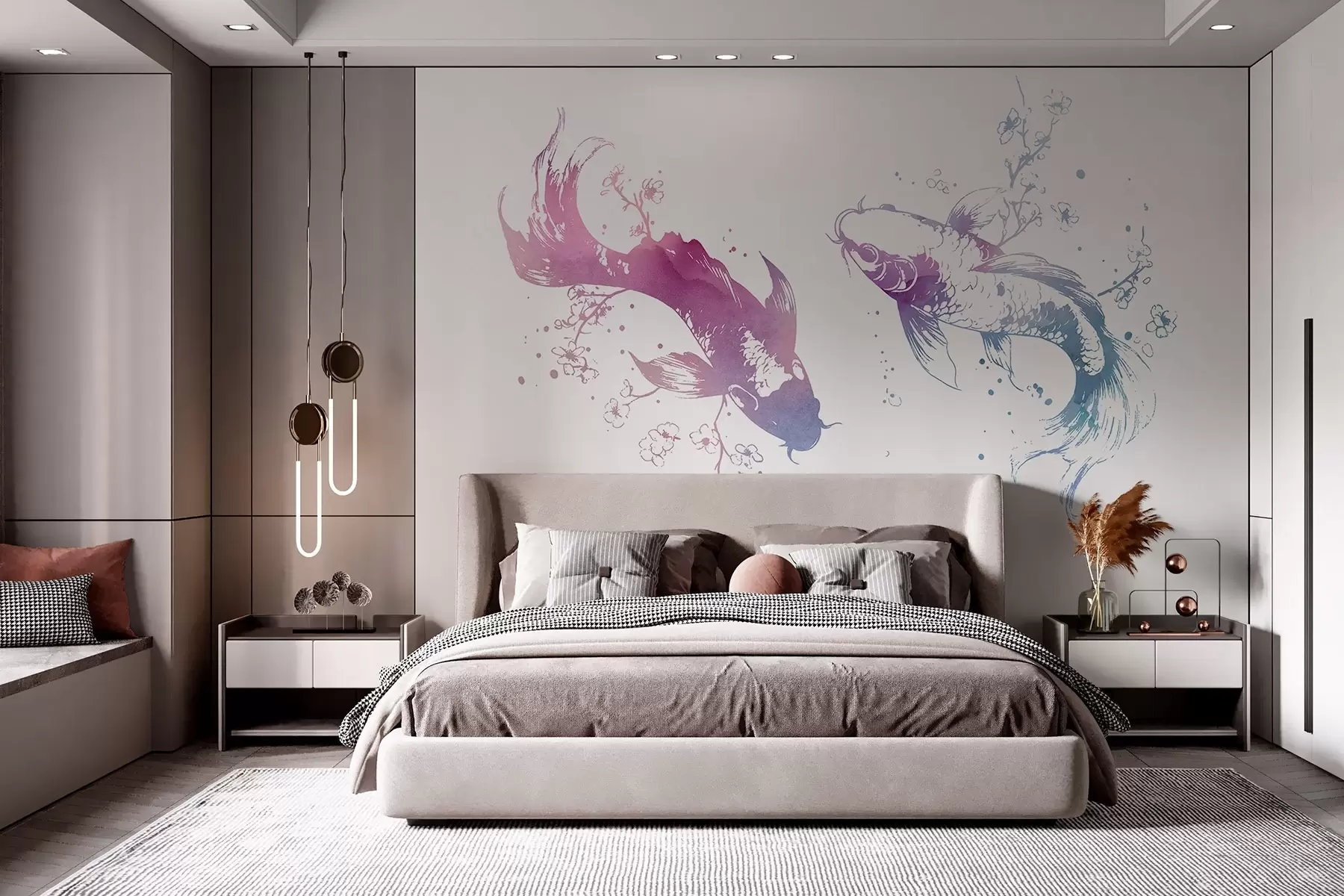 Papier peint photo Aquarelle poisson, style oriental, cerisier, bleu et violet w03447