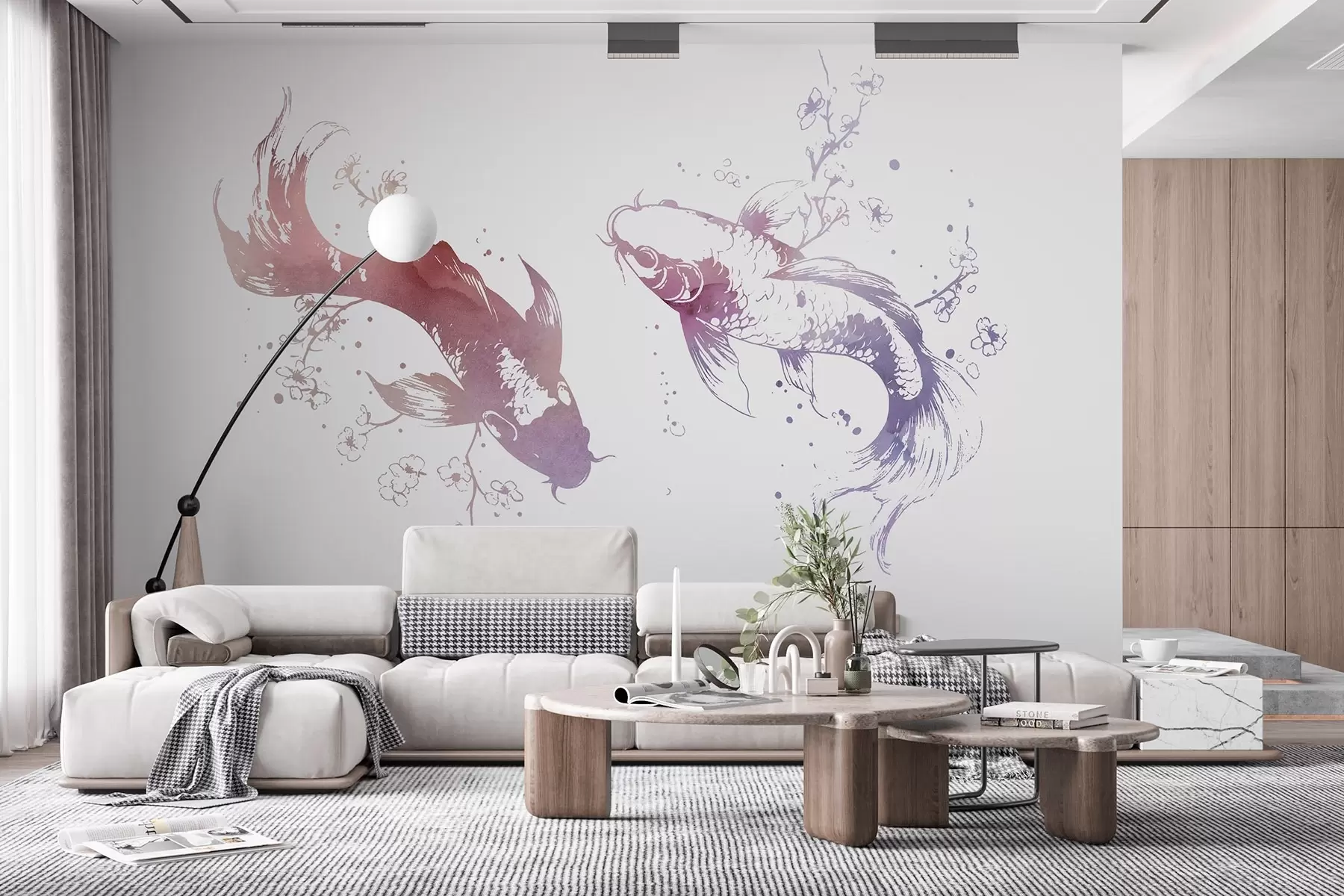 Fotobehang Aquarel vis, oosterse stijl, kersenboom, paarse kleuren w03447v1