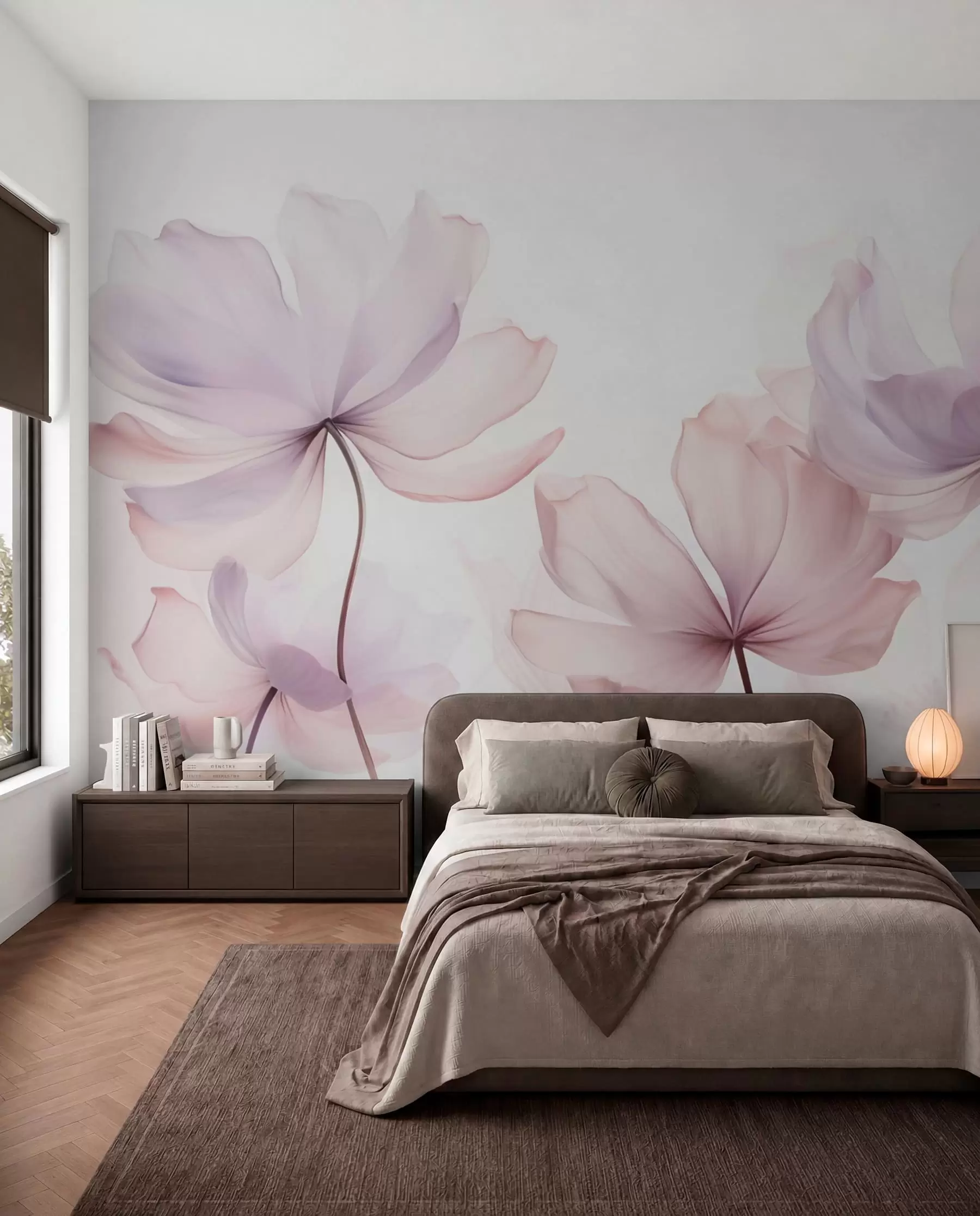 Fotobehang Bloeiende bloemen in zachtroze tinten w03521