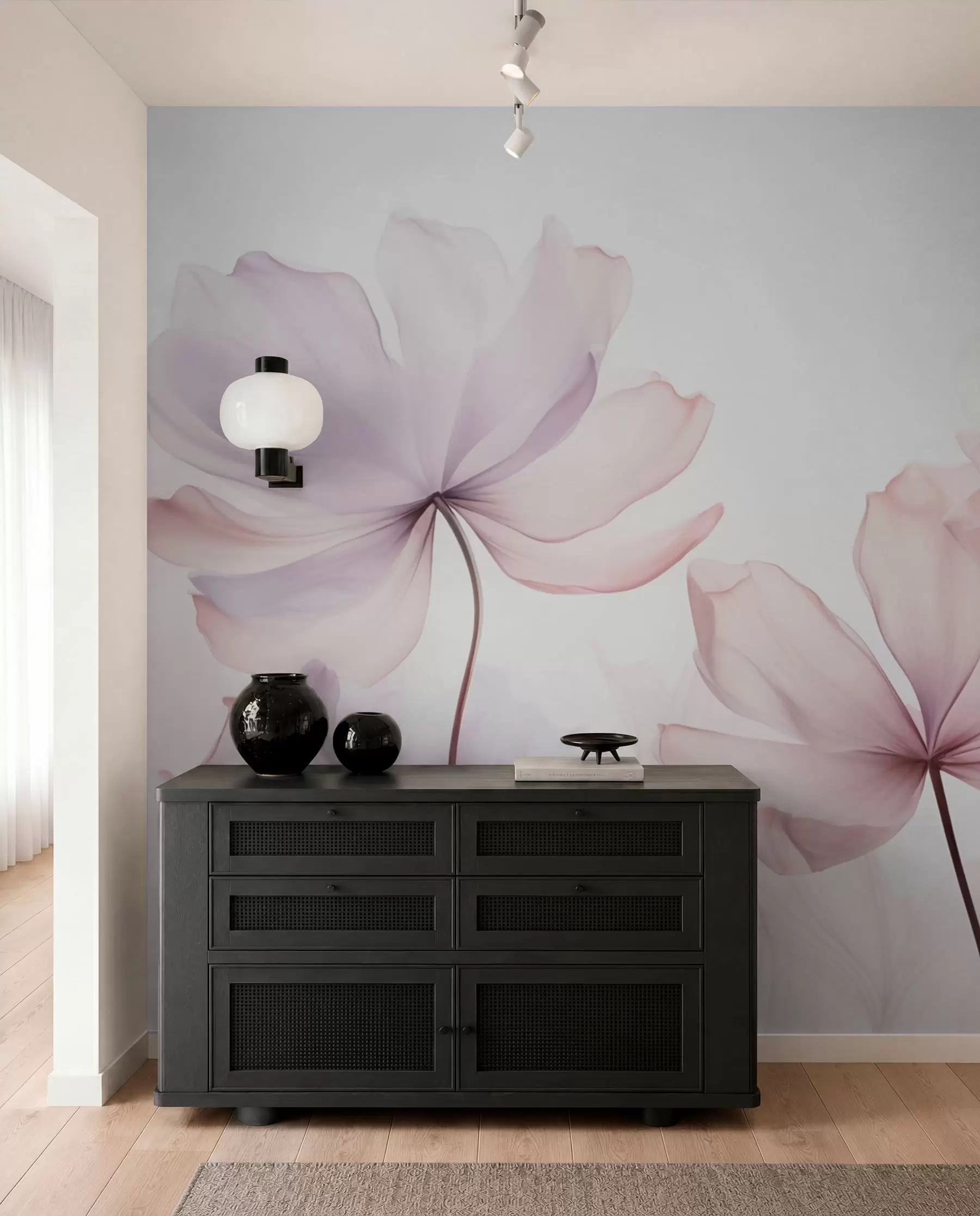 Fotobehang Bloeiende bloemen in zachtroze tinten w03521