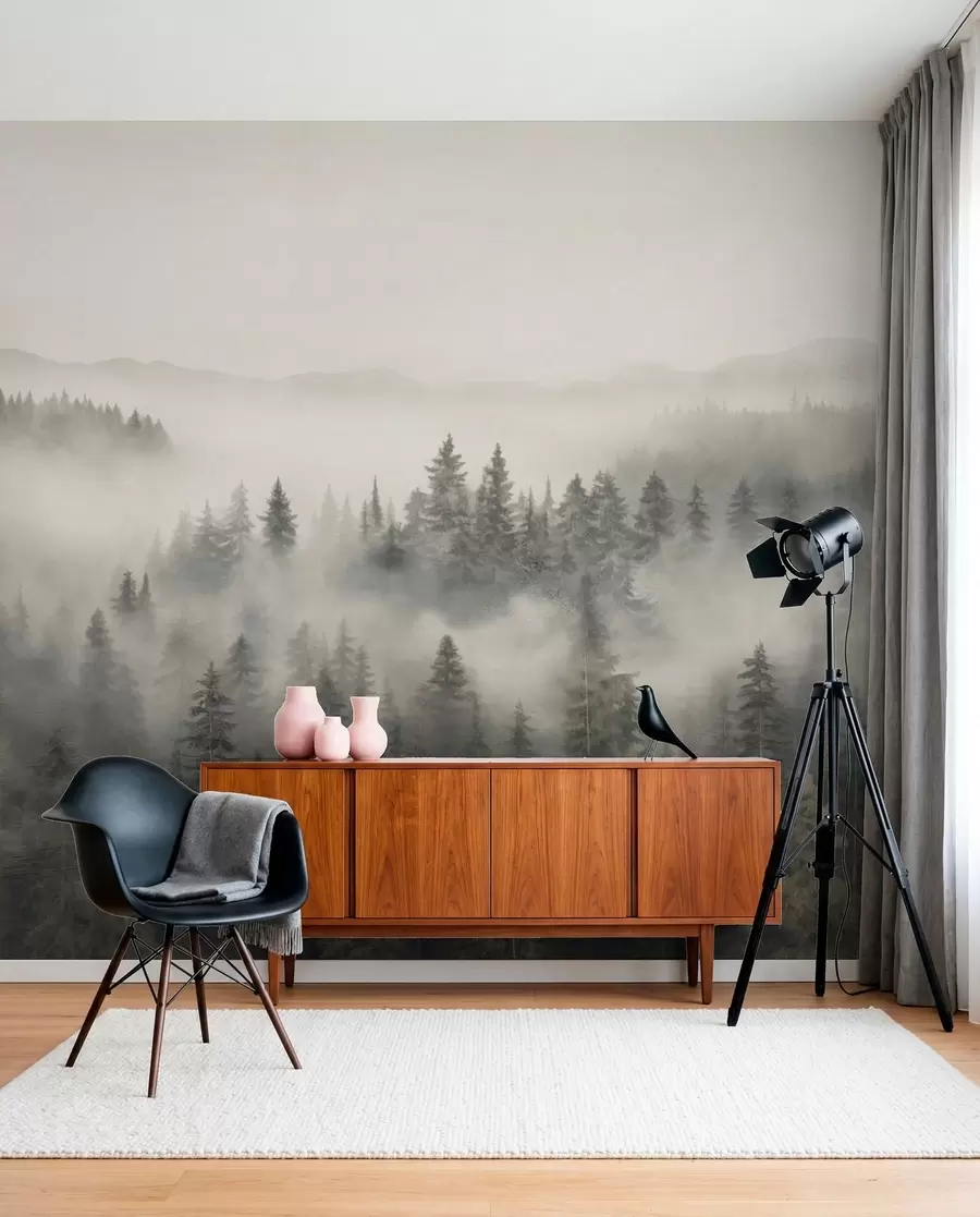 Fotobehang Mistig naaldbos w03524