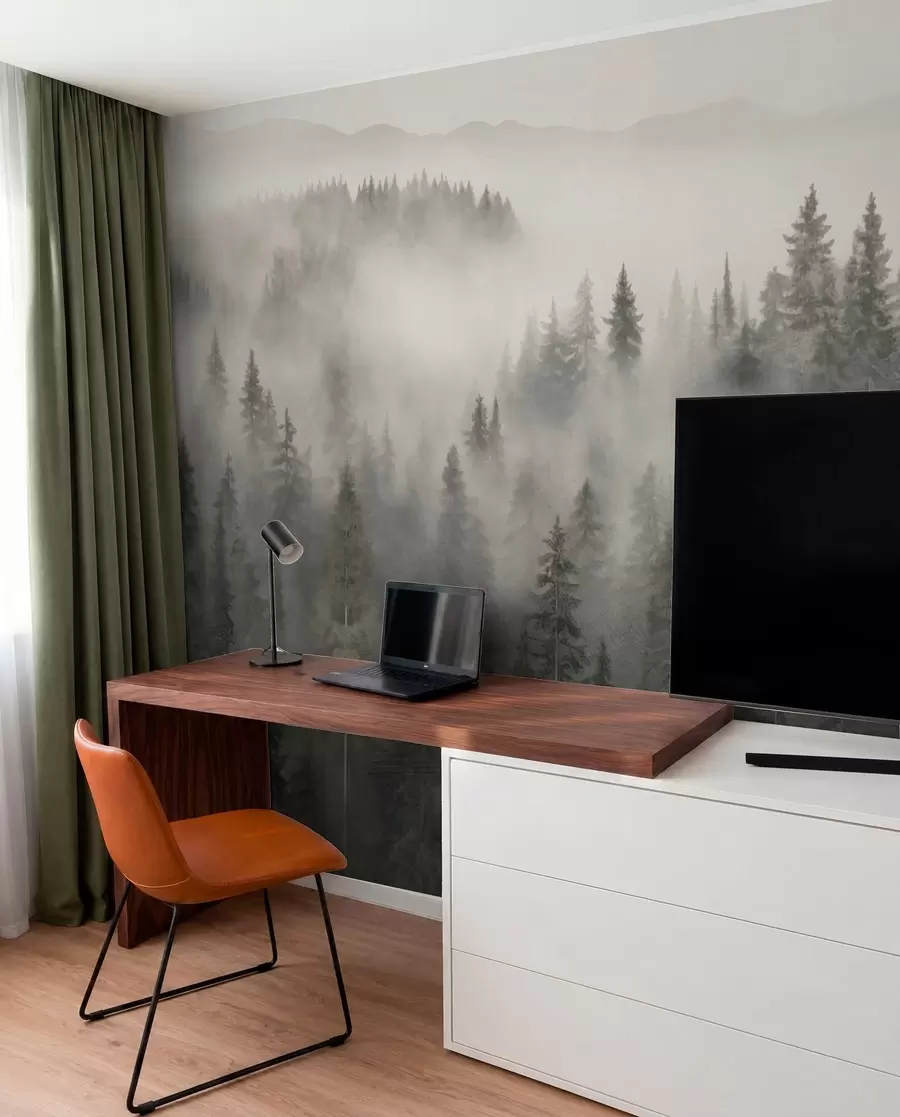 Fotobehang Mistig naaldbos w03524