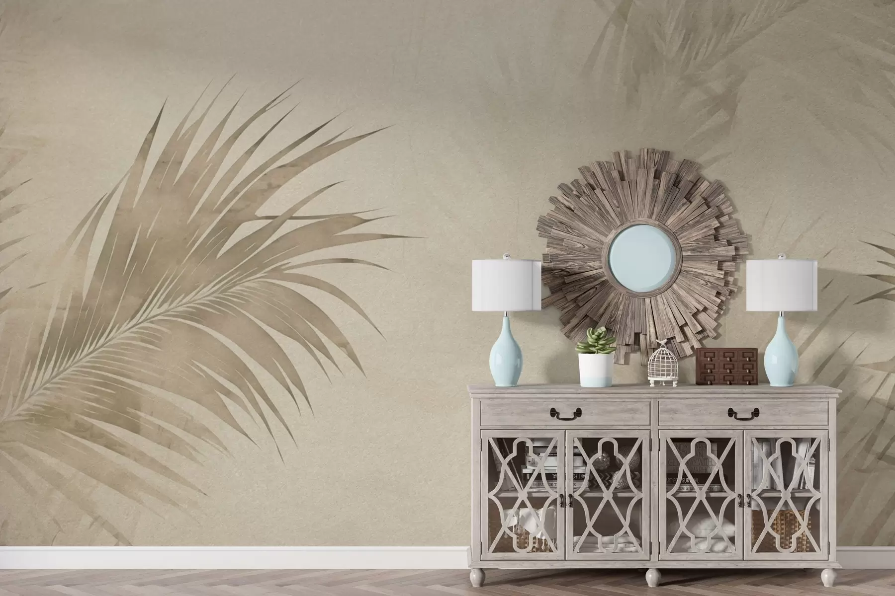 Papier peint photo Feuilles tropicales dans le brouillard en style grunge w03534