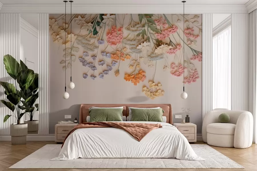 Fotobehang Volumineuze wilde bloemen op een beige achtergrond w08940