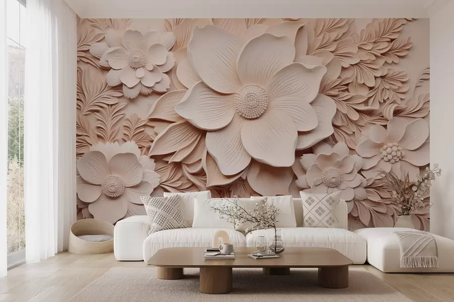 Fotobehang Beige bloemen en bladeren met reliëfeffect w08933