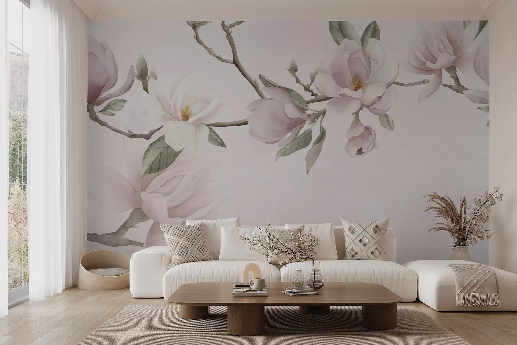 Fotobehang Bloeiende Magnolia takken in zachte pasteltinten w03542