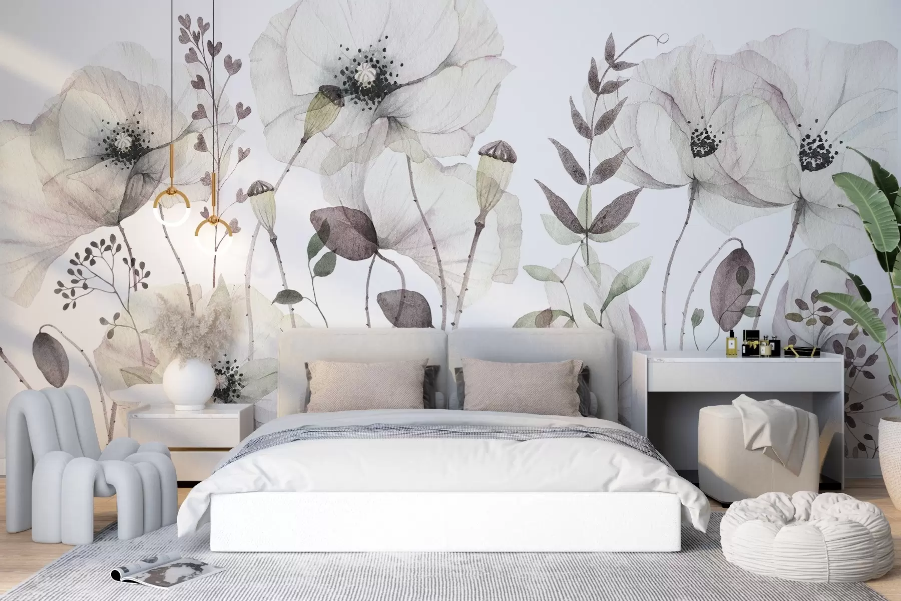 Fotobehang Aquarel wilde bloemen in zachte natuurlijke tinten w03543v1