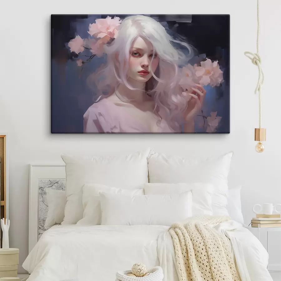  Peintures Fille avec des pivoines, dessin à l'acrylique, fond sombre s43496