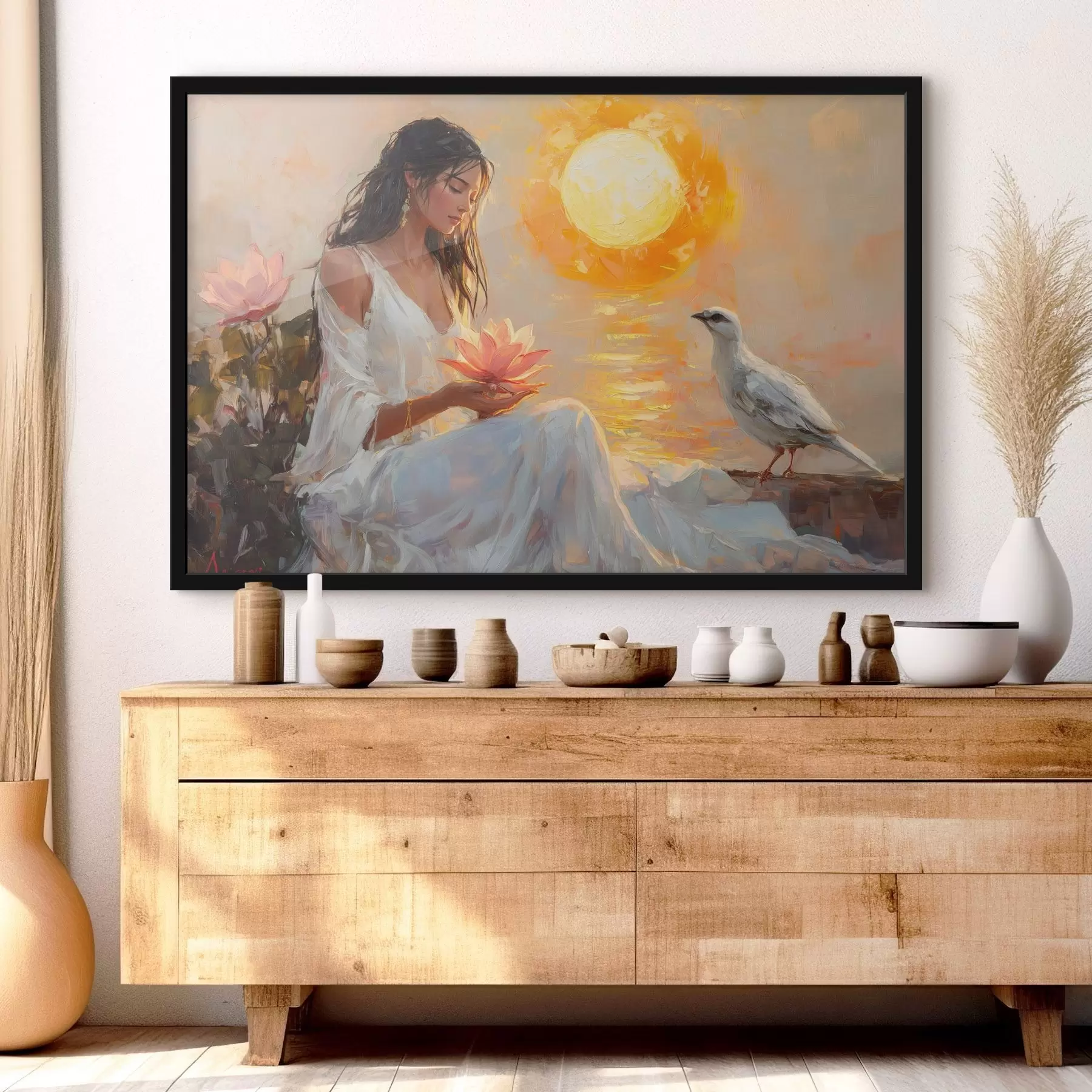 Papier peint photo Femme avec fleur de lotus au coucher du soleil, oiseau blanc, dessin à l'huile f43501