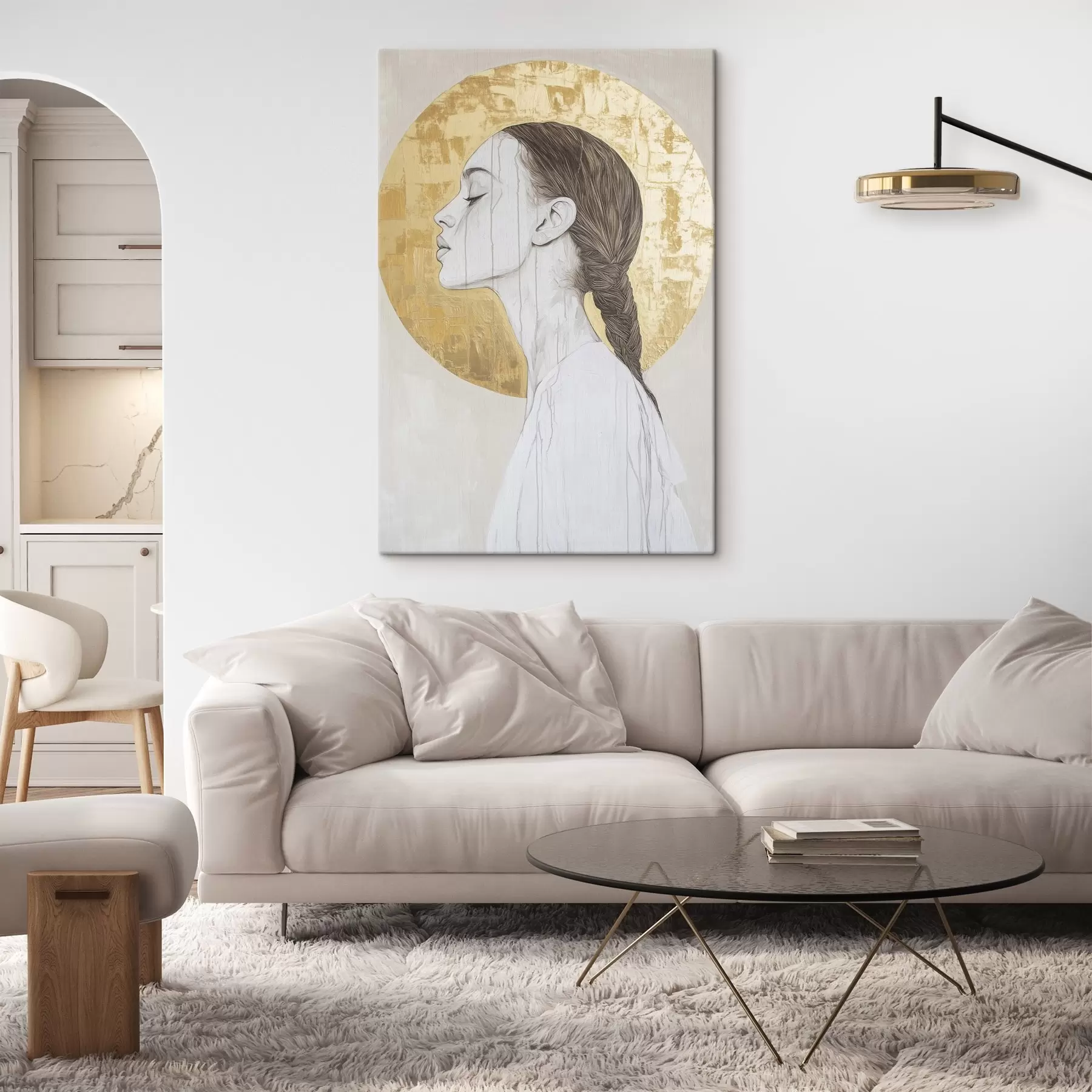 Papier peint photo Portrait de femme, minimalisme, style acrylique, couleurs beiges s43504