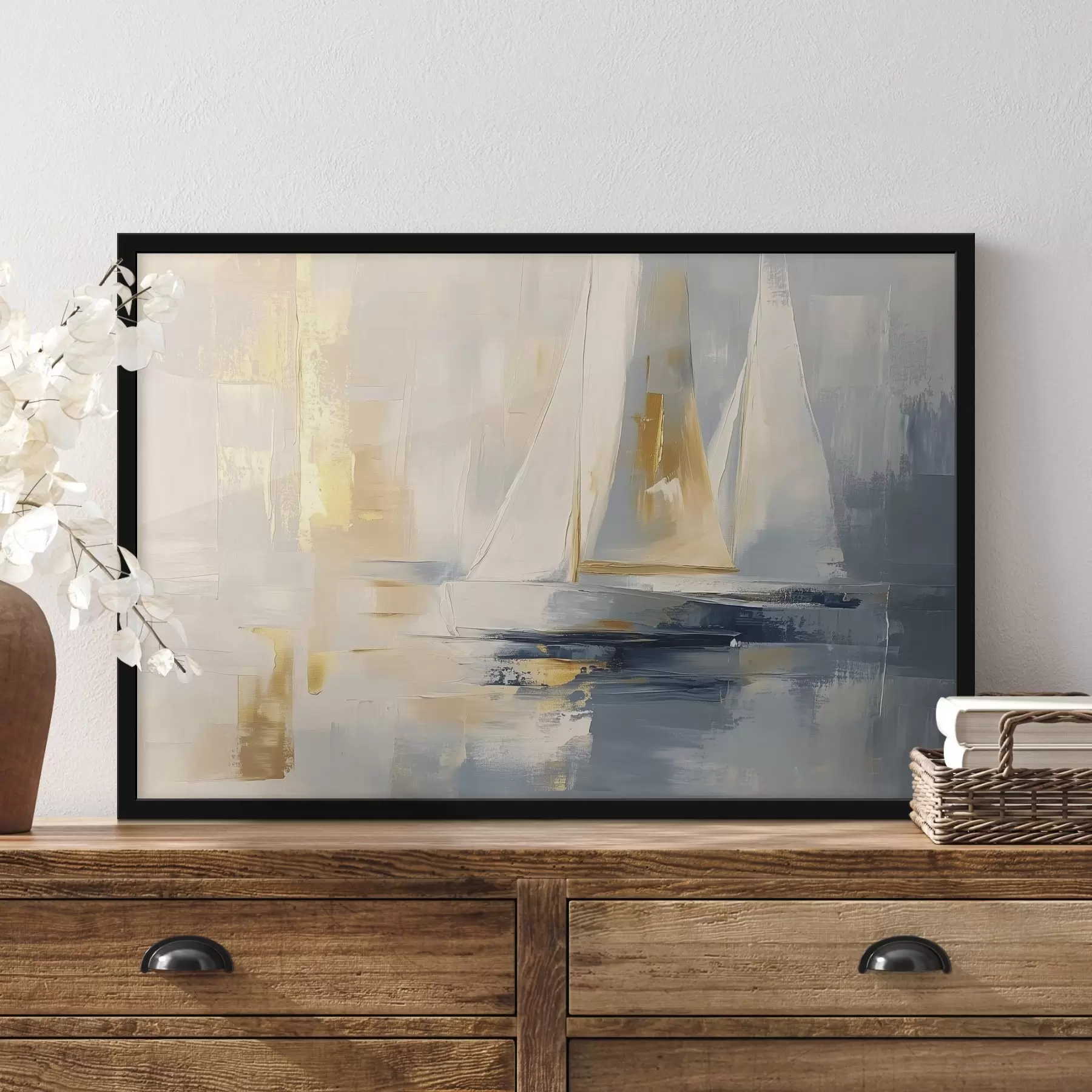 Papier peint photo Abstraction avec les voiliers dans la mer, style acrylique, coucher de soleil f43500