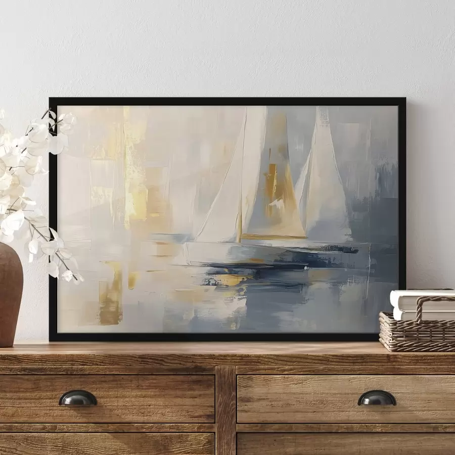  Peintures Abstraction avec les voiliers dans la mer, style acrylique, coucher de soleil f43500