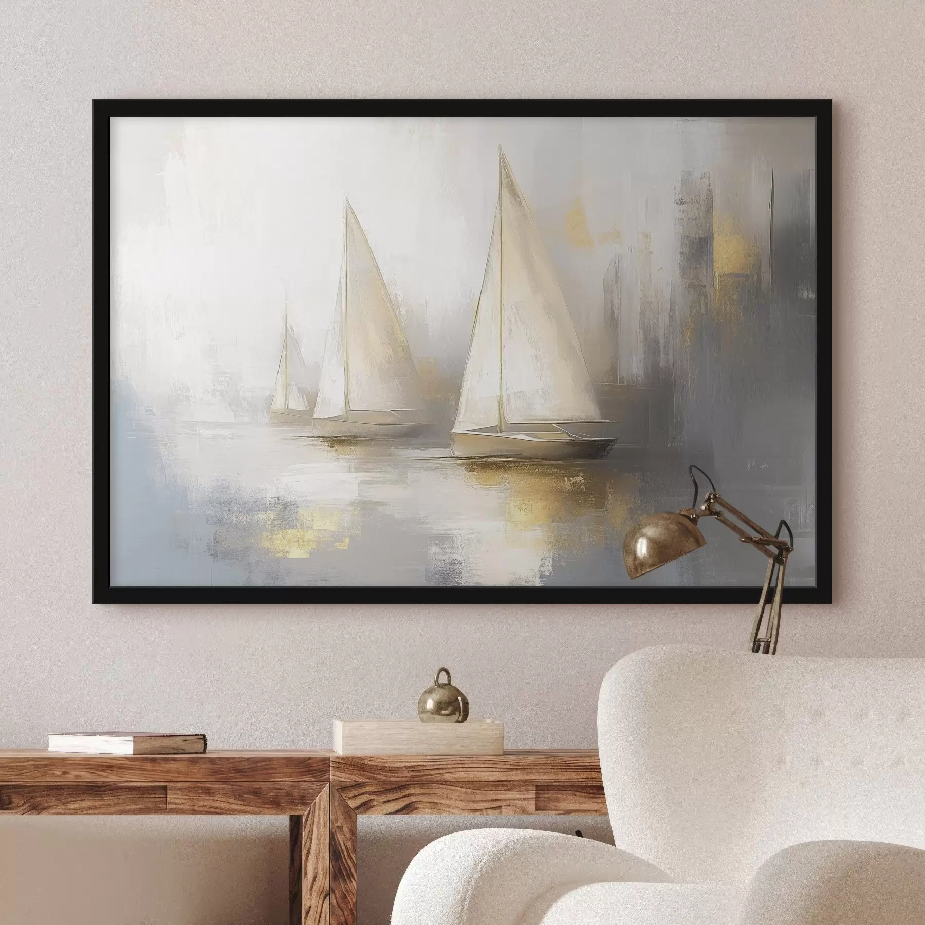 Fotobehang Boten op zee, abstractie, olieverfstijl, beige kleuren f43505
