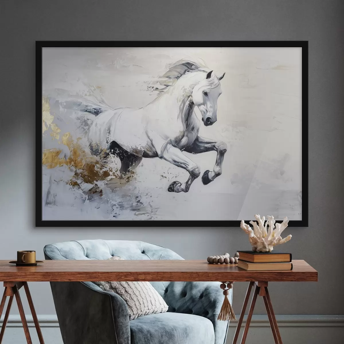 Poster Lopend wit paard, olieverf tekening, dieren f43498