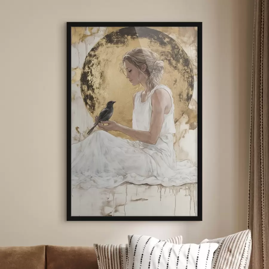 Papier peint photo Belle femme avec oiseau, Grèce, dessin acrylique f43503