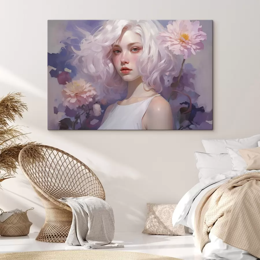  Peintures Belle fille dans les fleurs, dessin acrylique, Japon, couleurs violettes s43495