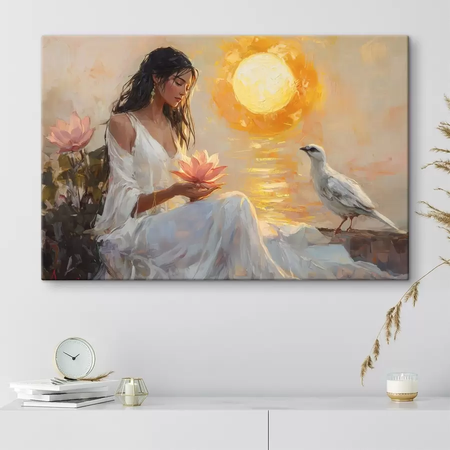  Peintures Femme avec fleur de lotus au coucher du soleil, oiseau blanc, dessin à l'huile s43501