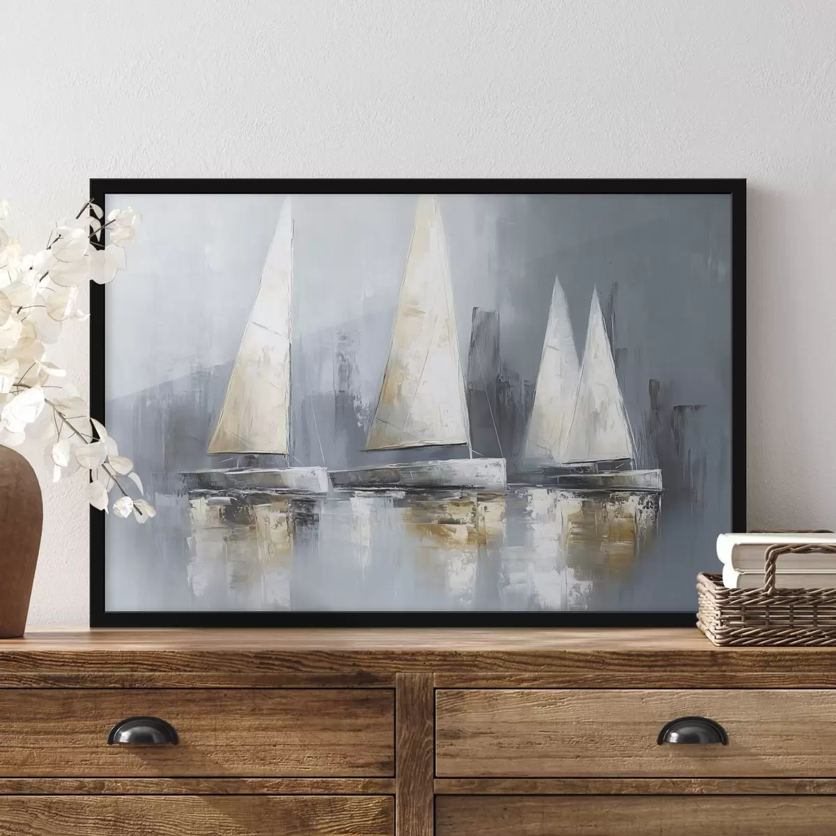 Poster Zeilboten met reflecties in het water, olieverf tekening, grijze kleuren f43506