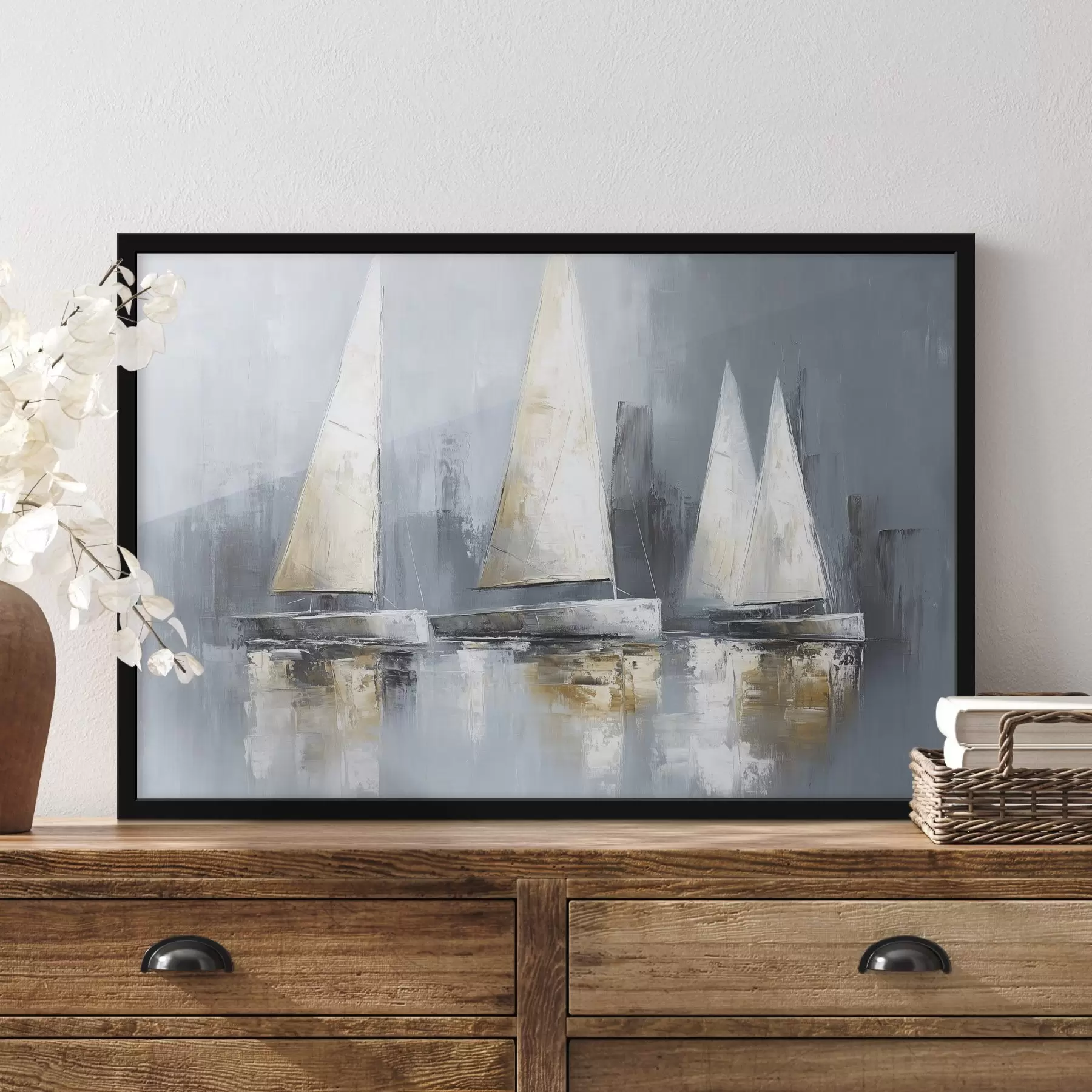  Schilderijen Zeilboten met reflecties in het water, olieverf tekening, grijze kleuren f43506