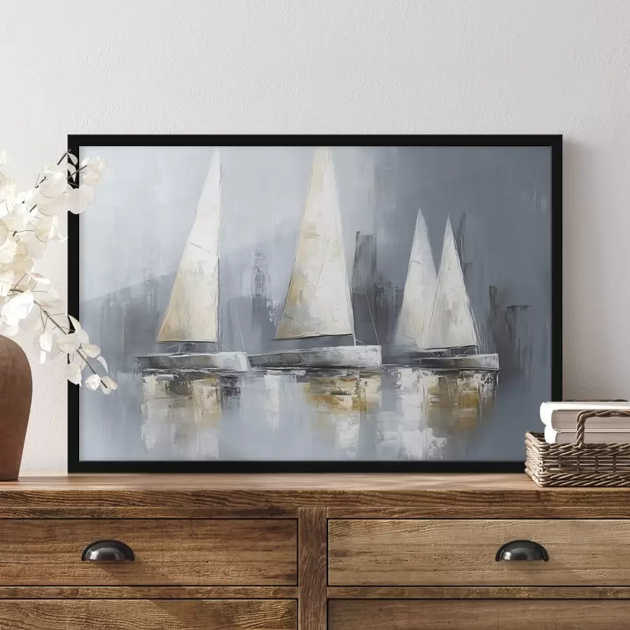 Papier peint photo Voiliers avec reflets dans l'eau, dessin à l'huile, couleurs grises f43506