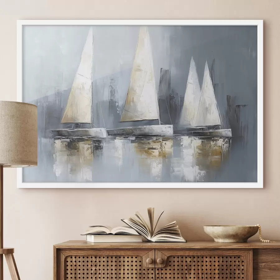 Papier peint photo Voiliers avec reflets dans l'eau, dessin à l'huile, couleurs grises f43506