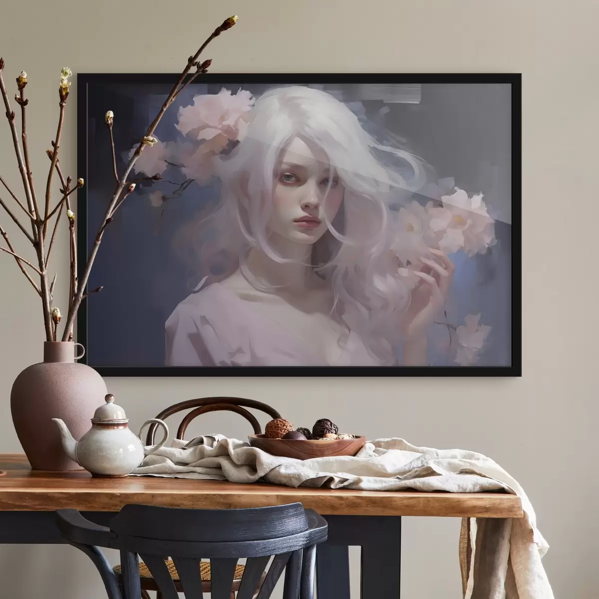 Affiche Fille avec des pivoines, dessin à l'acrylique, fond sombre f43496