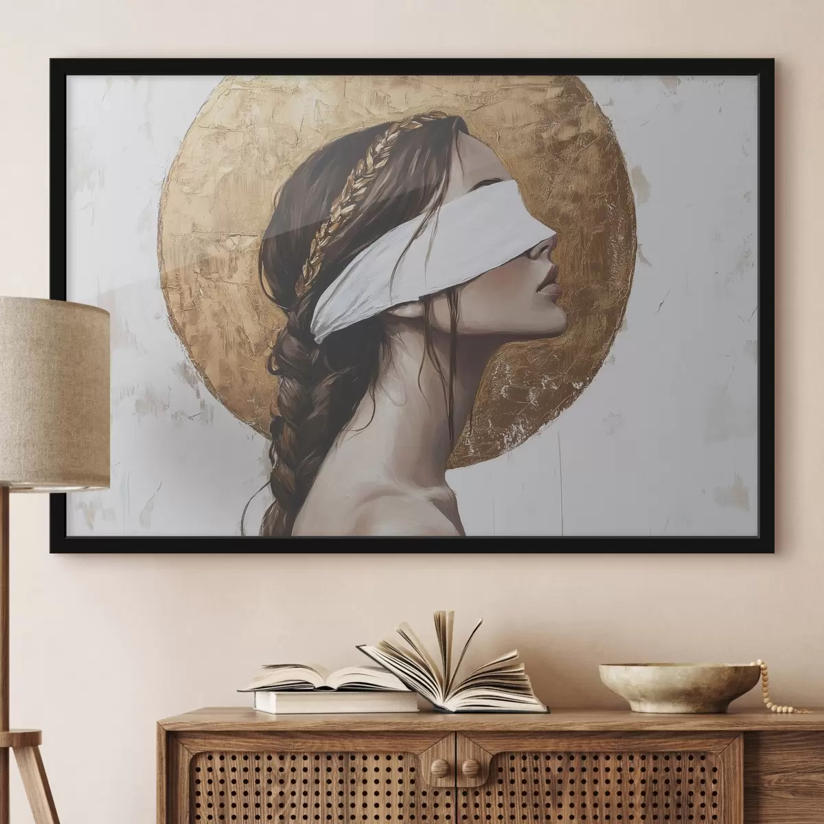 Affiche Femme avec un pansement sur les yeux, Grèce, dessin de style acrylique f43502