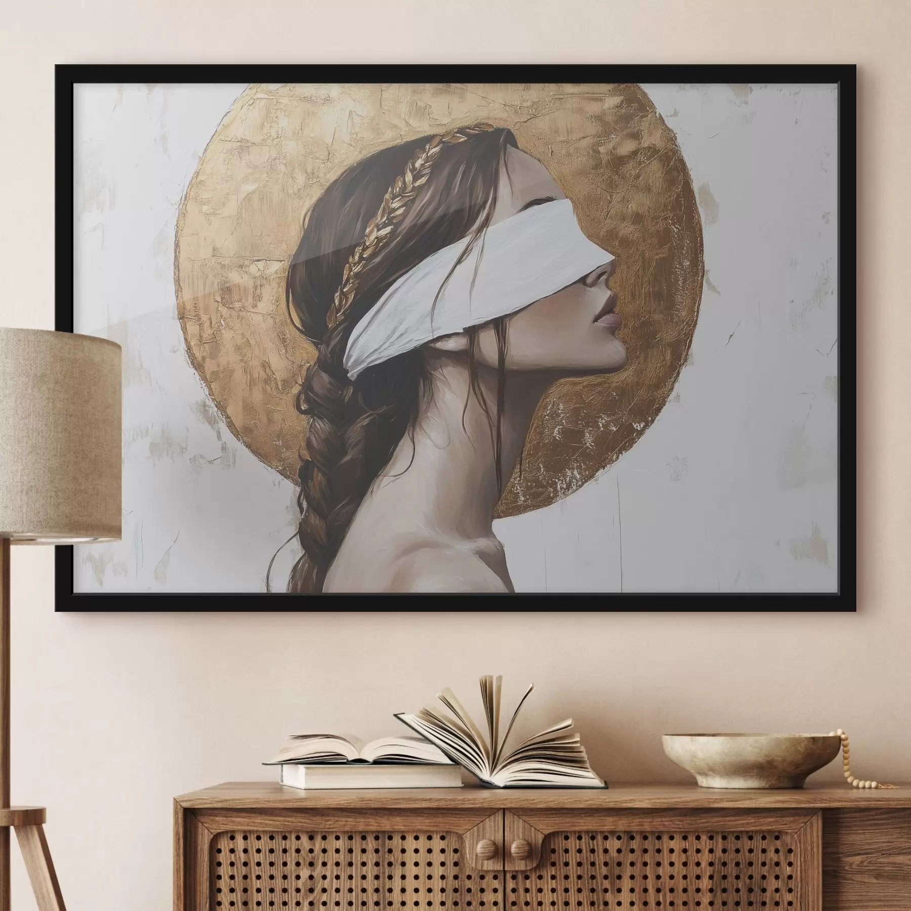 Fotobehang Vrouw met verband om haar ogen, Griekenland, acrylstijl tekening f43502