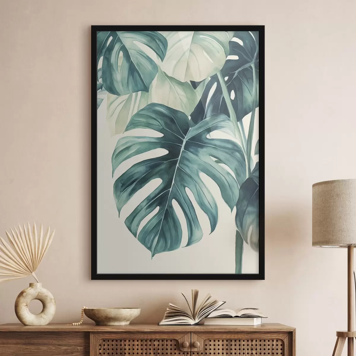 Affiche Feuilles de palmier Monstera, style aquarelle, floral, tropical f43507